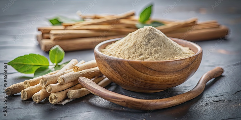 Ayurvedic medicine Ashwagandha in stem and powder form on plain background, Ashwagandha Ayurvedic medicine Ashwagandha in stem and powder form on plain background, Ashwagandha