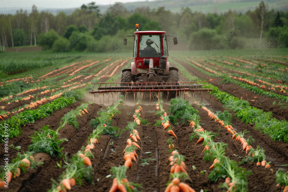 Fototapeta premium Tractor Harvesting Carrots in a Lush Green Field on a Cloudy Day with Trees in the Background