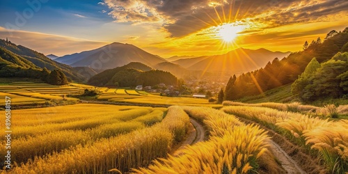 Golden sunset over the Susuki grass fields of Sengokuhara in Hakone, Kanagawa Prefecture, Hakone, Kanagawa, Japan photo