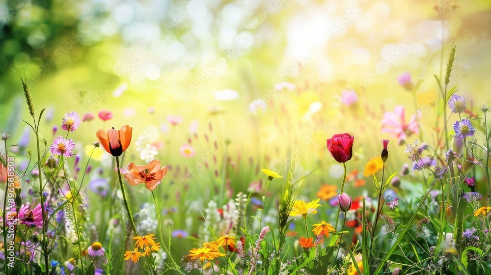 Floral border with selective focus on field and wild flowers Floral border with selective focus on field and wild flowers