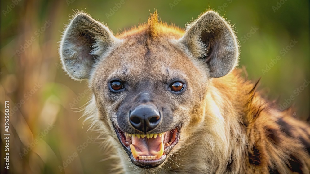 Intense close-up of ferocious hyena baring its teeth in a threatening manner, hyena, predator, wildlife, animal, aggressive Intense close-up of ferocious hyena baring its teeth in a threatening manner, hyena, predator, wildlife, animal, aggressive