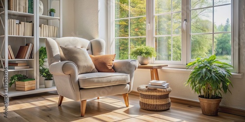 Cozy reading nook bathed in natural light, with armchair and stack of books, cozy, reading nook, natural light, armchair © Udomner