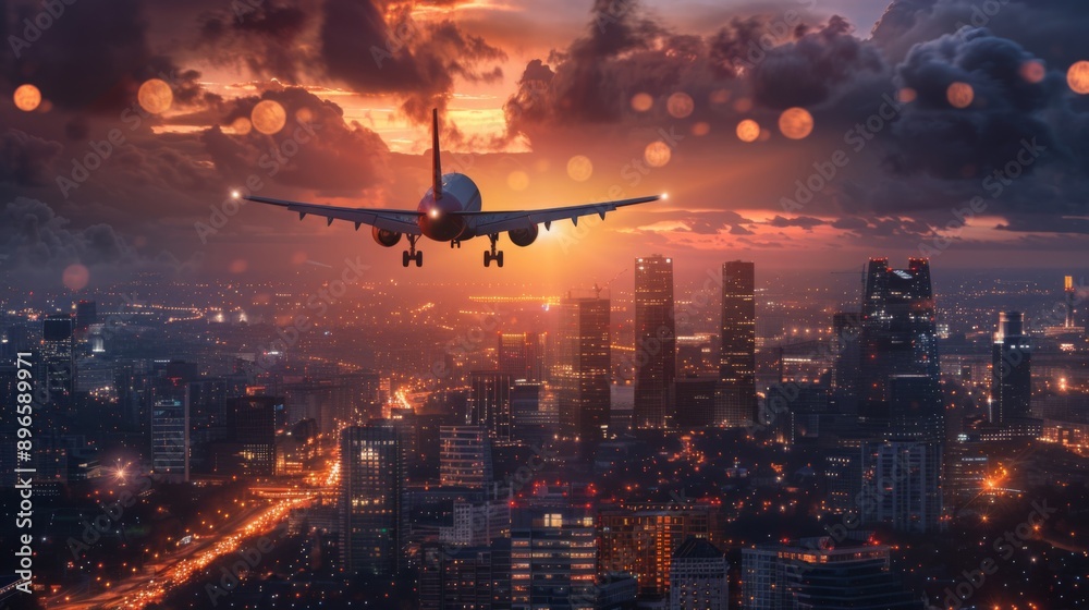 Airplane takes-off at sunset
