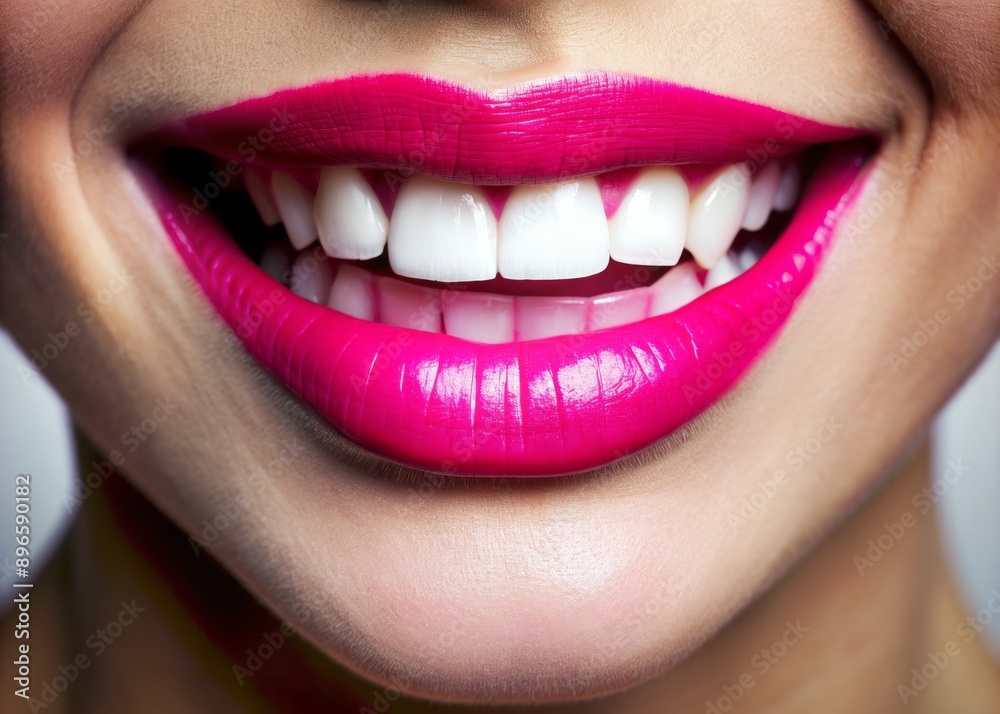 Obraz premium Vibrant close-up of a radiant smile with perfectly aligned white teeth and luscious pink lips, exuding warmth and confidence.