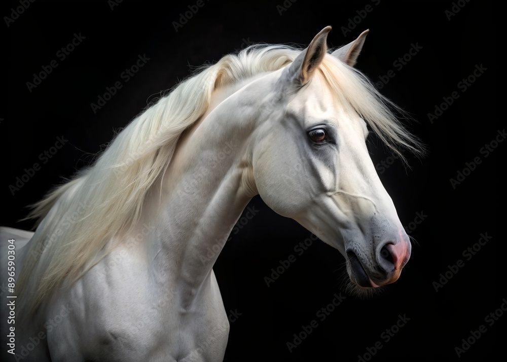 Majestic white horse head isolated on a black background, showcasing elegance and power, with a subtle sheen on its coat and gentle gaze. Majestic white horse head isolated on a black background, showcasing elegance and power, with a subtle sheen on its coat and gentle gaze.