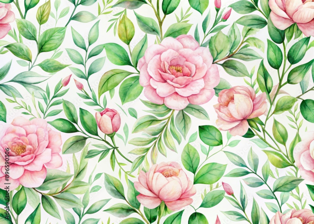 Delicate pink blush flowers and lush green leaves branches intertwine in a whimsical seamless watercolor floral pattern, perfect for backgrounds and design elements. Delicate pink blush flowers and lush green leaves branches intertwine in a whimsical seamless watercolor floral pattern, perfect for backgrounds and design elements.
