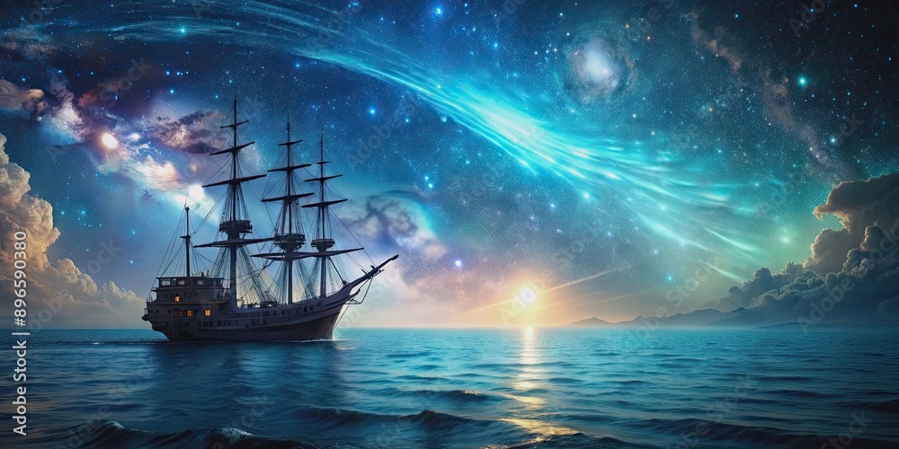 Pirate ship sailing into bioluminescence sea with galaxy in the sky, Pirate ship, bioluminescence, sea, galaxy, stars Pirate ship sailing into bioluminescence sea with galaxy in the sky, Pirate ship, bioluminescence, sea, galaxy, stars