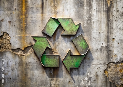 A stylized industrial metal recycling symbol emblazoned on a weathered concrete wall texture, conveying eco-friendliness and sustainability in a distressed urban setting. photo