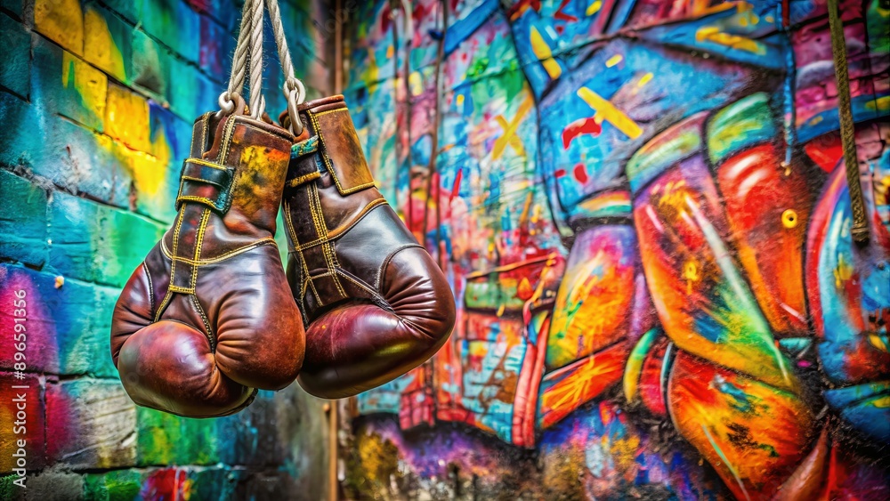 Naklejka premium Colorful graffiti wall serves as backdrop for abandoned boxing gloves, worn and worn out, telling the story of a lifetime of love and fierce competition.