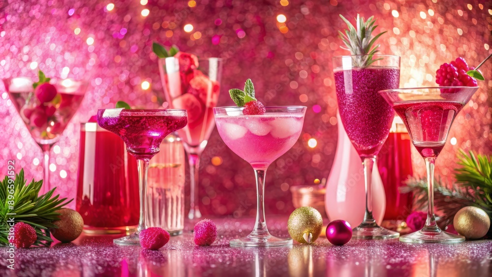 Vibrant pink background adorned with glitter and tinsel showcases an assortment of rose wine and cocktail glasses, evoking a festive summer beach party atmosphere.