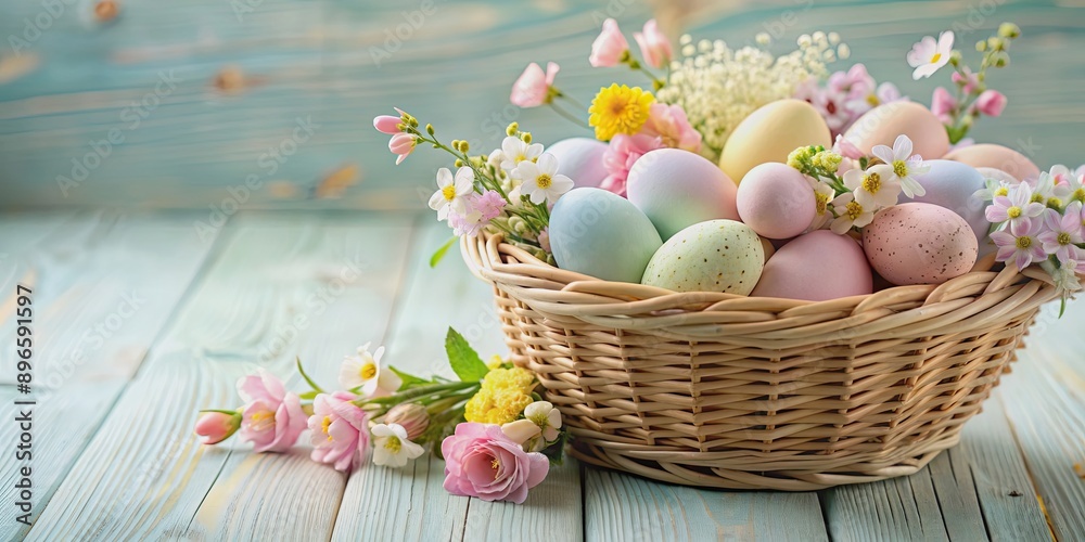 Wicker basket filled with pastel Easter eggs and spring flowers, Easter, colorful, festive, holiday, celebration