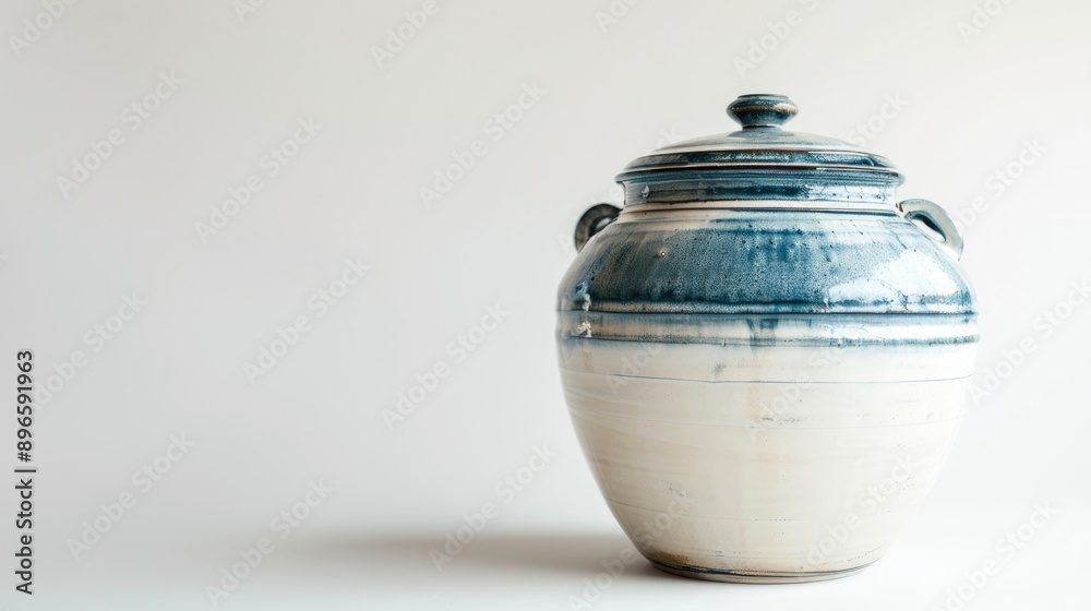 Large white and blue ceramic pot with a white backdrop antique container with space for text Large white and blue ceramic pot with a white backdrop antique container with space for text