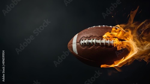 American football ball on fire flying, sports concept, black background.