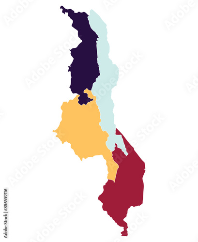 Malawi map. Map of Malawi in administrative provinces in multicolorwith Malawi lake