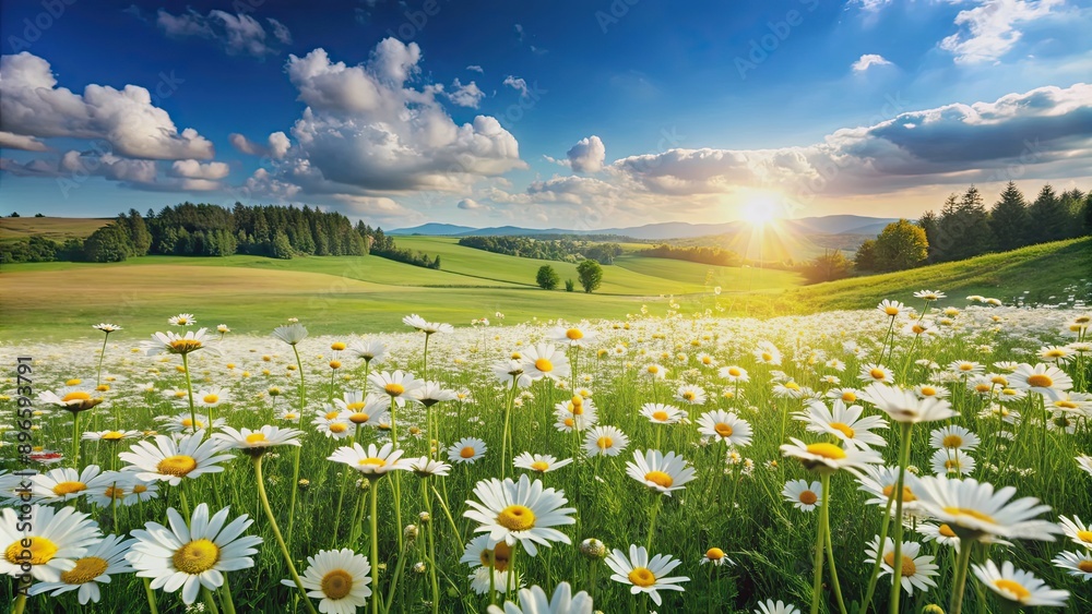 Beautiful spring and summer landscape with blooming field of daisies in the countryside, field, daisies, flowers, blooming