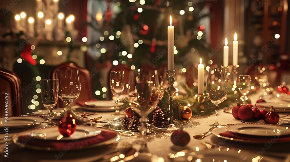 beautifully set Christmas table with elegant place settings, candles, and a festive centerpiece beautifully set Christmas table with elegant place settings, candles, and a festive centerpiece