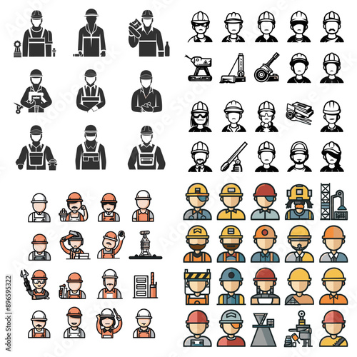 A collection of black and white icons of construction workers and tools