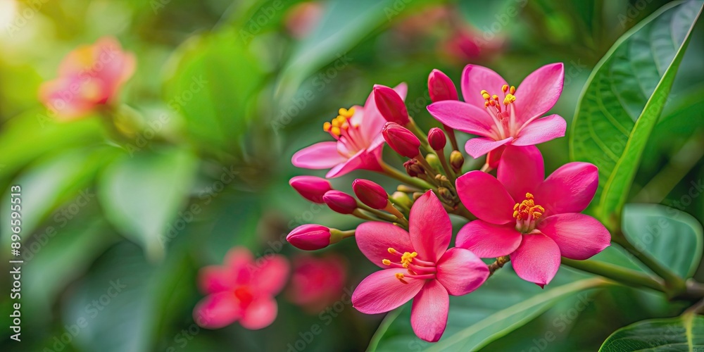 Fototapeta premium Vibrant pink Jatropha integerrima flower blooming in a tropical garden, Jatropha integerrima, pink, flower, tropical, garden