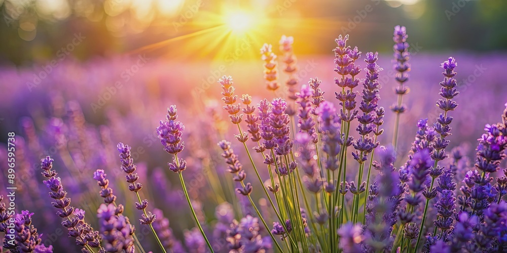 Naklejka premium Morning sun shining on vibrant lavender in full bloom , flowers, lavender, morning, sunlight, blooming, garden, nature