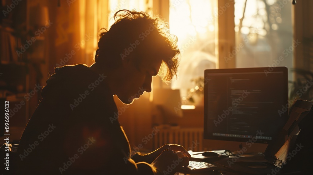 A young man sits working at his desk in his home. Morning sunlight streams through the window, and he is diligently working all night long. A young man sits working at his desk in his home. Morning sunlight streams through the window, and he is diligently working all night long.