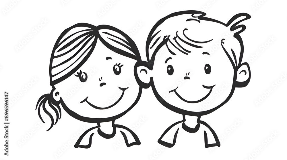 Kid Coloring Book page , monochromatic cute little boy and girl smiling Kid Coloring Book page , monochromatic cute little boy and girl smiling