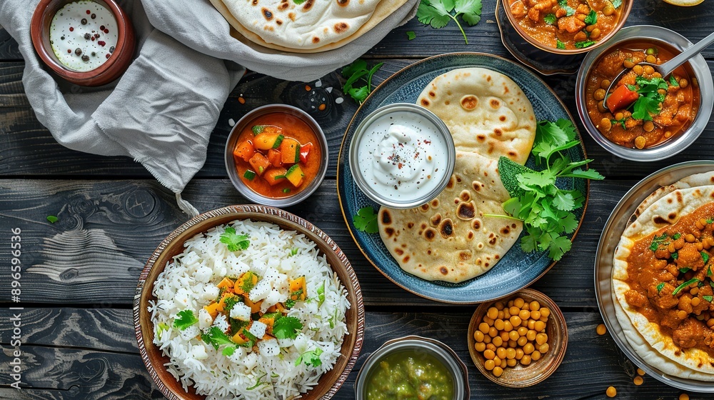 Indian Food Feast: A Table Spread with Curry, Naan, and Rice Indian Food Feast: A Table Spread with Curry, Naan, and Rice