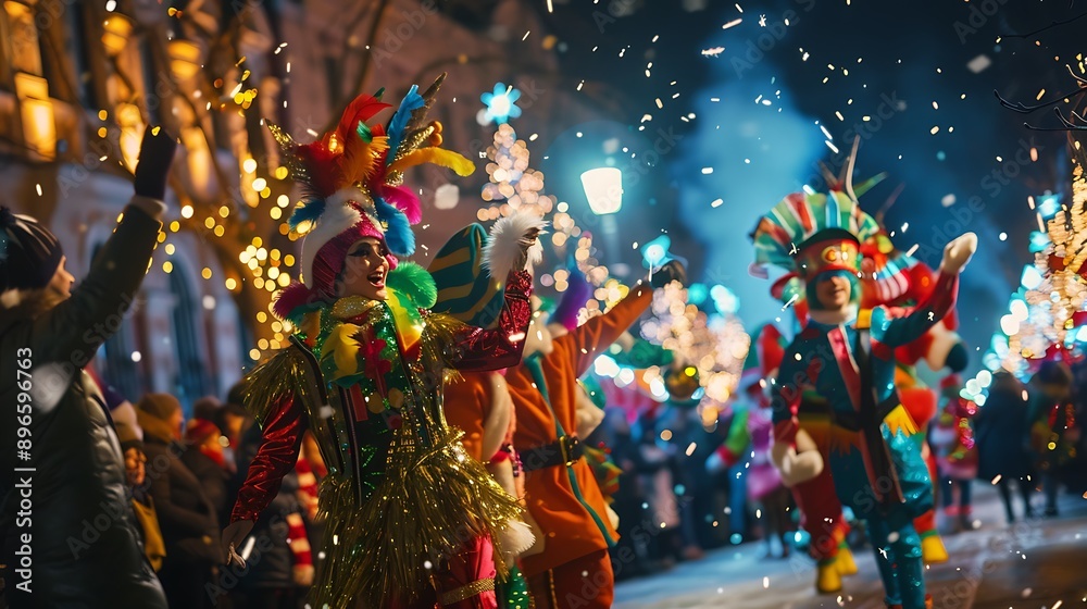 A dynamic shot of a Christmas parade with festive floats, performers in holiday costumes, and crowds lining the streets A dynamic shot of a Christmas parade with festive floats, performers in holiday costumes, and crowds lining the streets