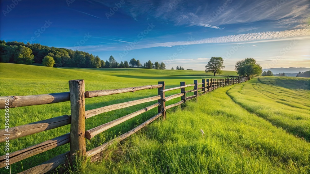Rustic wooden fence enclosing a lush green field under a clear blue sky, rustic, wooden, fence, green, field, blue sky Rustic wooden fence enclosing a lush green field under a clear blue sky, rustic, wooden, fence, green, field, blue sky