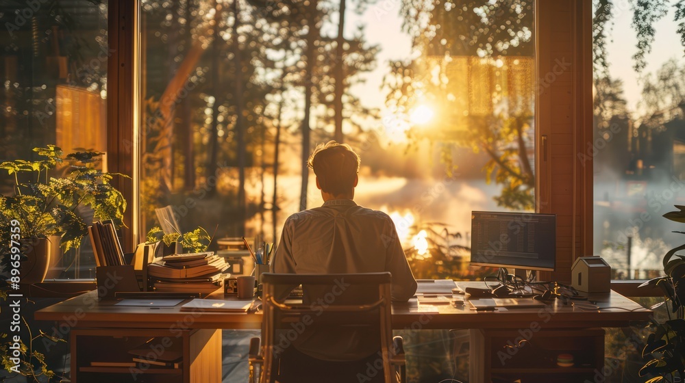 A young man is diligently working at his desk at home. Outside the window, the natural scenery along with the morning sunlight helps him feel relaxed. A young man is diligently working at his desk at home. Outside the window, the natural scenery along with the morning sunlight helps him feel relaxed.