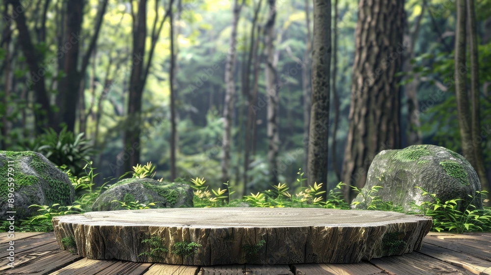 3D podium with green forest background, wood, and stone, perfect for natural product displays. 3D podium with green forest background, wood, and stone, perfect for natural product displays.