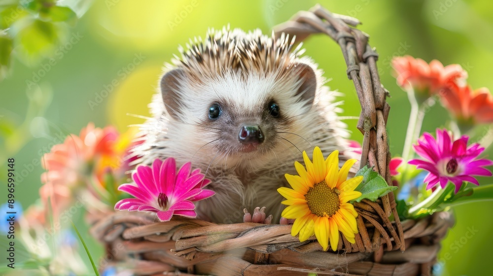 Close-up of a cute baby hedgehog with its spines raised, sitting in a small basket filled with colorful flowers Close-up of a cute baby hedgehog with its spines raised, sitting in a small basket filled with colorful flowers