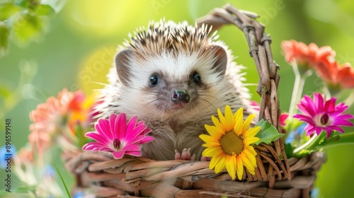 Close-up of a cute baby hedgehog with its spines raised, sitting in a small basket filled with colorful flowers