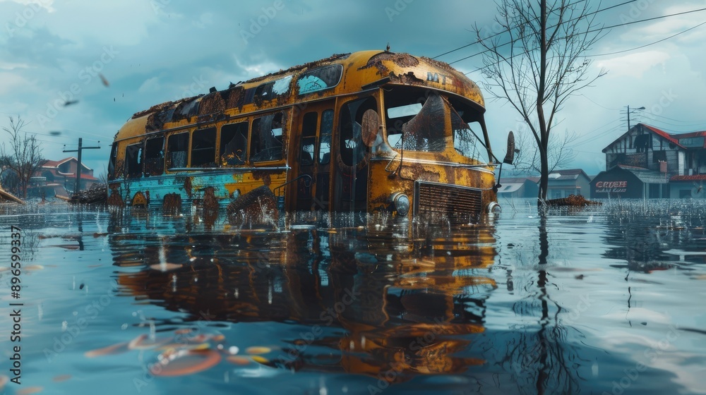 Obraz premium Coach suspended in water, creating a striking visual of flood damage and surreal displacement
