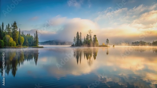 Thick fog rolling over a serene lake, fog, misty, lake, water, serene, tranquil, atmosphere, hazy, nature, foggy, landscape © Udomner