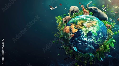 Fototapeta Naklejka Na Ścianę i Meble -  Creative Earth Day or World Wildlife Day concept, with animals and a globe, highlighting conservation efforts