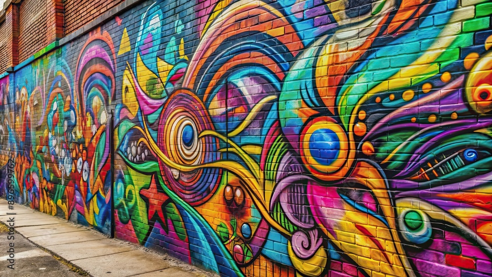 Naklejka premium Graffiti art on urban wall with colorful abstract designs , street art, graffiti, spray paint, urban, city