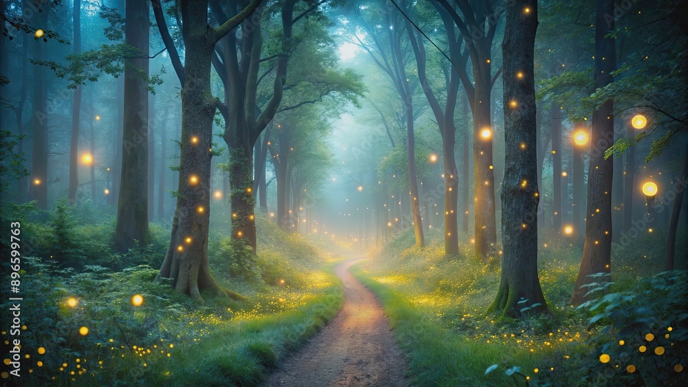 Fototapeta premium Enchanting moonlit forest pathway with glowing fireflies and misty atmosphere, moonlit, forest, pathway, enchanting, mystical