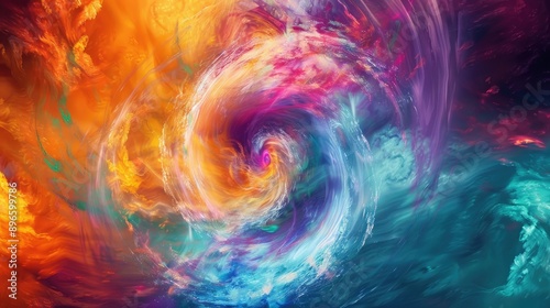 Dynamic, colorful vortex of swirling energy, with vibrant hues and abstract patterns