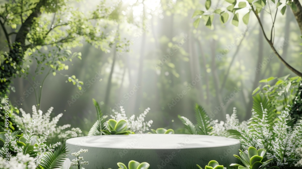 Eco-friendly product display with a green nature 3D podium and white plants, set in a forest background. Eco-friendly product display with a green nature 3D podium and white plants, set in a forest background.