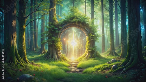 Fototapeta Naklejka Na Ścianę i Meble -  A mystical portal in a lush forest surrounded by trees and glowing with mysterious energy, fantasy, enchanting, magic