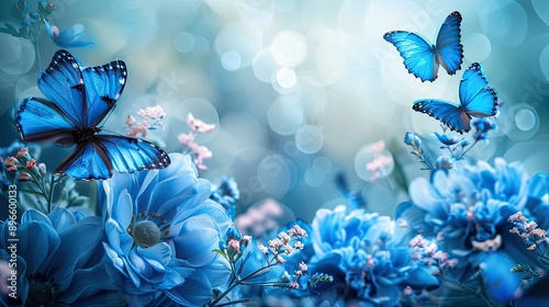 Fototapeta Naklejka Na Ścianę i Meble -  Elegant blue flower garden with butterflies, ideal for spring and beauty-themed designs.