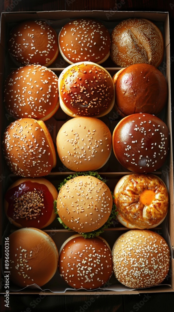 A delicious assortment of fresh burger buns, featuring sesame seeds and a variety of colors and textures in a box. A delicious assortment of fresh burger buns, featuring sesame seeds and a variety of colors and textures in a box.