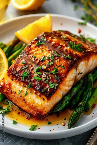 A deliciously grilled salmon fillet served with lemon wedges and fresh asparagus, perfect for healthy meal ideas.