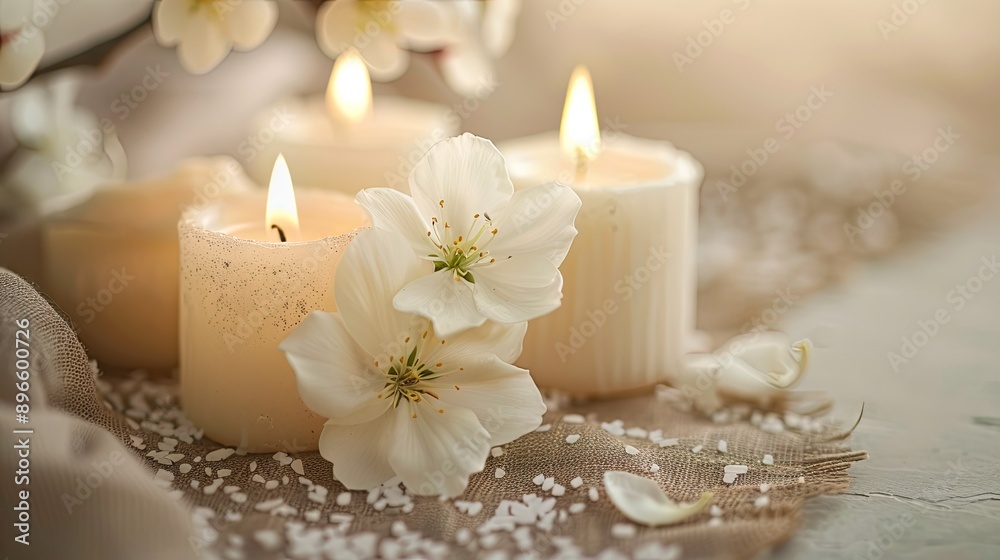 Elegant white candles and a delicate white flower on a soft beige background, creating a serene atmosphere Elegant white candles and a delicate white flower on a soft beige background, creating a serene atmosphere