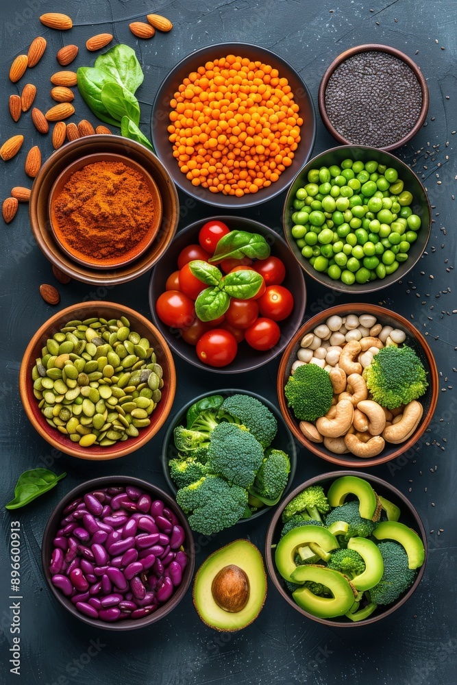 A vibrant array of fresh vegetables, legumes, and nuts arranged in bowls, perfect for healthy eating and cooking inspiration. A vibrant array of fresh vegetables, legumes, and nuts arranged in bowls, perfect for healthy eating and cooking inspiration.