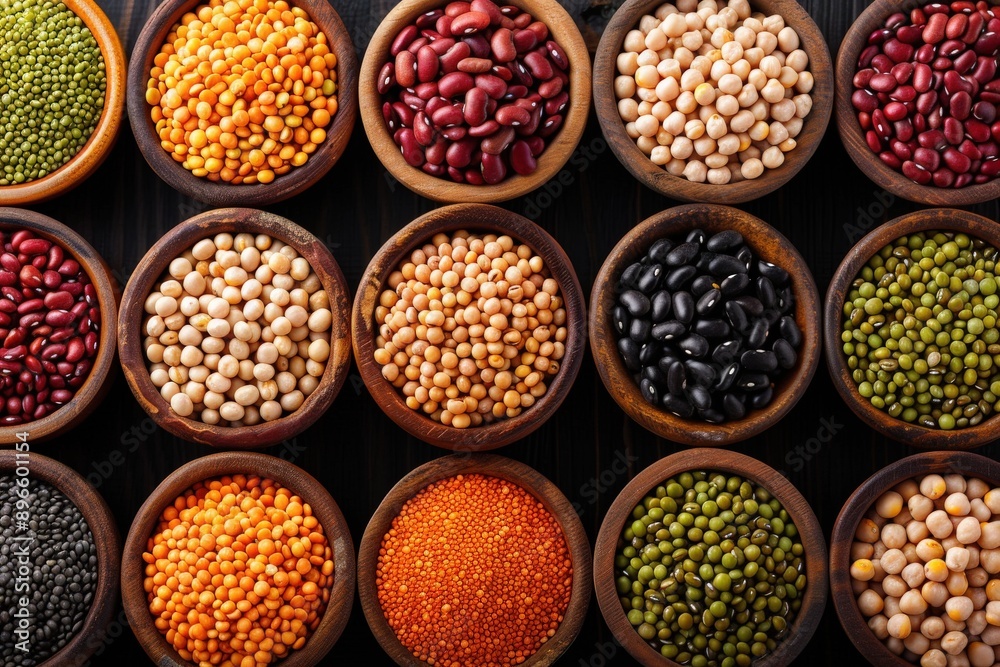 A vibrant assortment of legumes and pulses in wooden bowls, showcasing a variety of colors and textures for culinary inspiration. A vibrant assortment of legumes and pulses in wooden bowls, showcasing a variety of colors and textures for culinary inspiration.