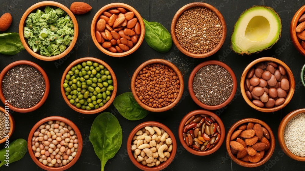 A vibrant assortment of nuts and seeds in ceramic bowls, showcasing healthy eating and natural ingredients for a wholesome diet. A vibrant assortment of nuts and seeds in ceramic bowls, showcasing healthy eating and natural ingredients for a wholesome diet.