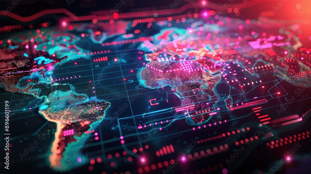 Fototapeta premium Futuristic world map with vibrant colors and digital elements, highlighting technological advancements