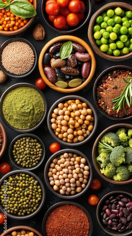 An array of fresh, vibrant ingredients including herbs, legumes, and colorful vegetables arranged in bowls on a dark surface. An array of fresh, vibrant ingredients including herbs, legumes, and colorful vegetables arranged in bowls on a dark surface.