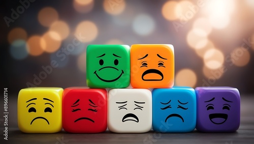 Emotional face on colorful cubes. photo